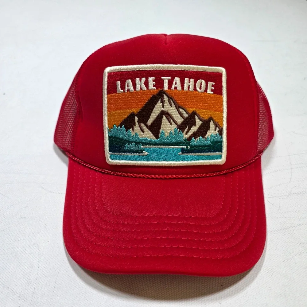 Port Sandz Trucker Hat Red Lake Tahoe Mountain Patch Mesh Snapback Cap Camping